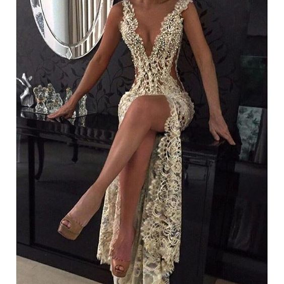 Long party dress with plunging neckline and front slit