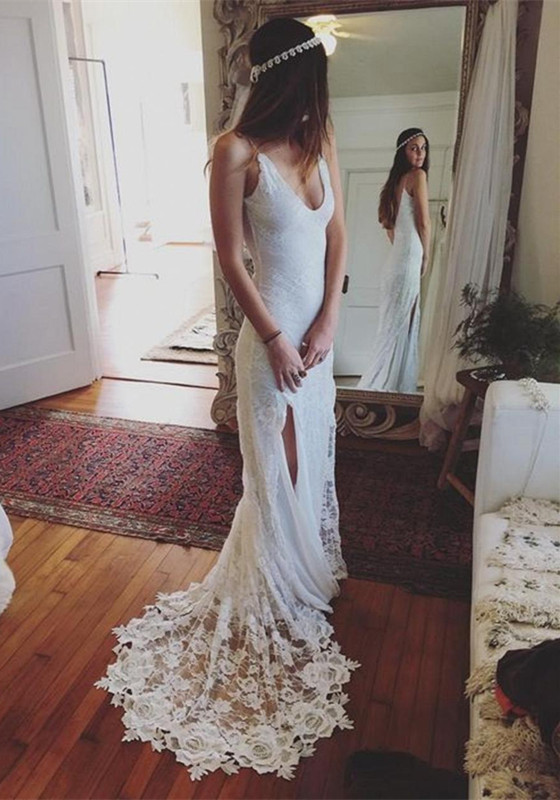 Bohemian Summer Beach Wedding Dress Lace Backless Side Slit Bridal