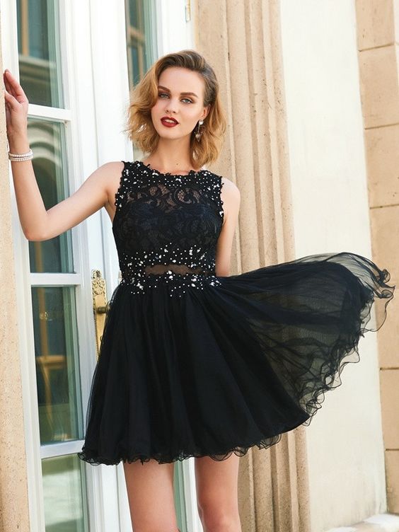 Sexy Black Homecoming Dresses Sheer Lace Beading Short Little Black ...