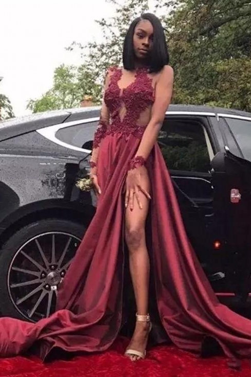 Burgundy prom clearance dress with slit