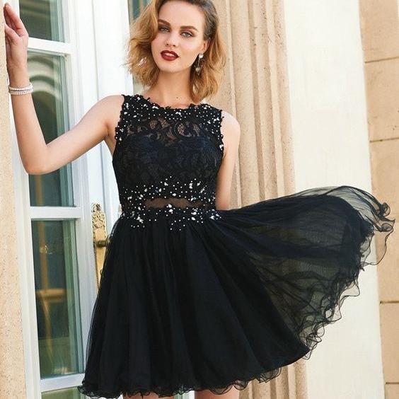 Sexy Black Homecoming Dresses Sheer Lace Beading Short Little Black ...