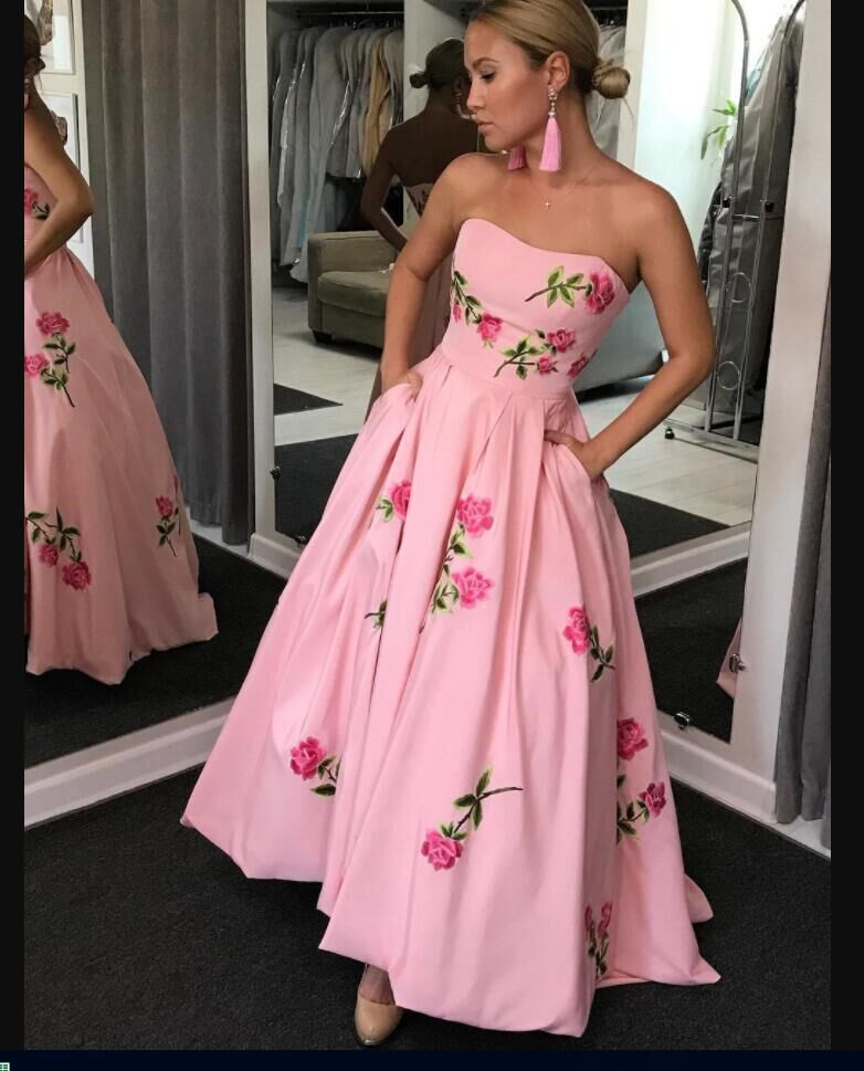 Pink Embroidery Flowers Prom Dresses Strapless Long Aline Formal