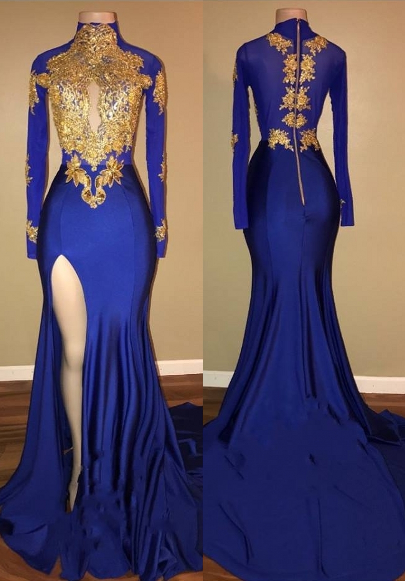 Royal Blue Gold Prom Dresses, Long Sleeves Side Slit Evening Gowns on